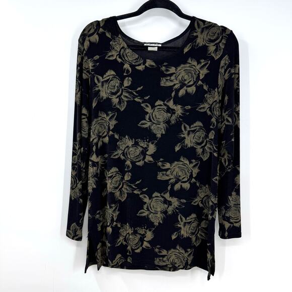 VTG Y2K Es Se Dark Floral Top Shirt L Black Slinky Knit Long Sleeve Witchy Vamp - Picture 1 of 8